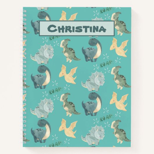 Kute Waterverf op licht Blauwgroen dinosauruspatro Notitieboek (Voorkant)