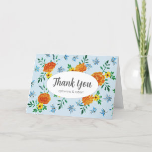 Kute Waterverf Oranje Marigold Flowers Light Blue Bedankkaart