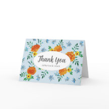 Kute Waterverf Oranje Marigold Flowers Light Blue