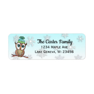 Kute Waterverf Owl met Snowflakes Background Etiket