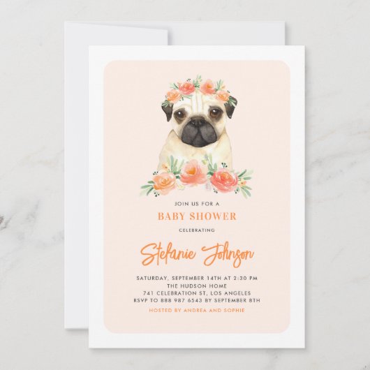 Kute Waterverf Pug Peach Floral Baby shower Kaart (Voorkant)