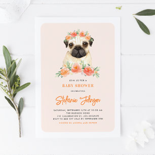 Kute Waterverf Pug Peach Floral Baby shower Kaart
