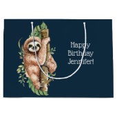 Kute Waterverf Sloth & Tropical Leaves Birthday Groot Cadeauzakje (Voorkant)