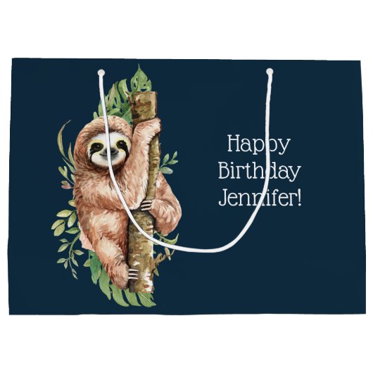 Kute Waterverf Sloth & Tropical Leaves Birthday Groot Cadeauzakje (Achterkant)