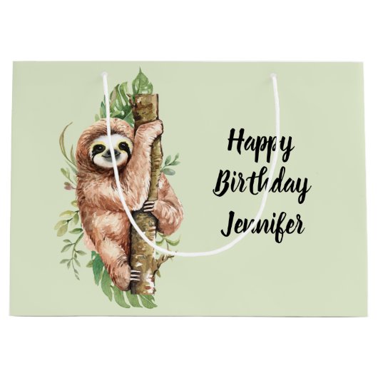 Kute Waterverf Sloth & Tropical Leaves Birthday Groot Cadeauzakje (Voorkant)