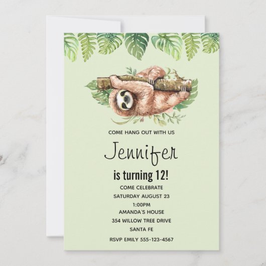 Kute Waterverf Sloth & Tropical Leaves Birthday Kaart (Voorkant)