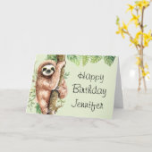Kute Waterverf Sloth & Tropical Leaves Birthday Kaart (Gele Bloem)