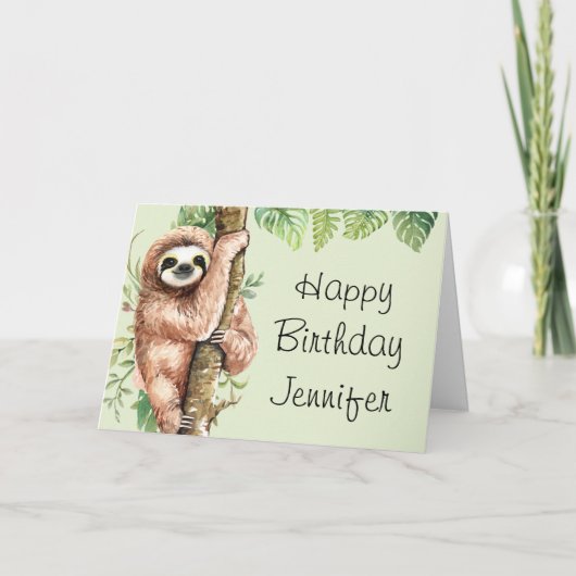 Kute Waterverf Sloth & Tropical Leaves Birthday Kaart (Voorkant)