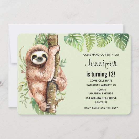 Kute Waterverf Sloth & Tropical Leaves Birthday Kaart (Voorkant)