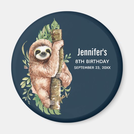 Kute Waterverf Sloth & Tropical Leaves Birthday Magneet (Voorkant)