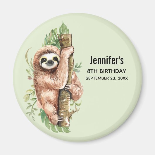 Kute Waterverf Sloth & Tropical Leaves Birthday Magneet (Voorkant)
