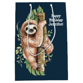 Kute Waterverf Sloth & Tropical Leaves Birthday Medium Cadeauzakje