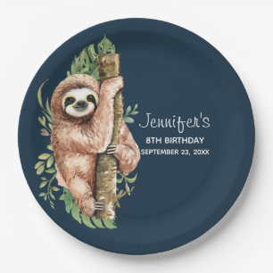 Kute Waterverf Sloth & Tropical Leaves Birthday Papieren Bordje