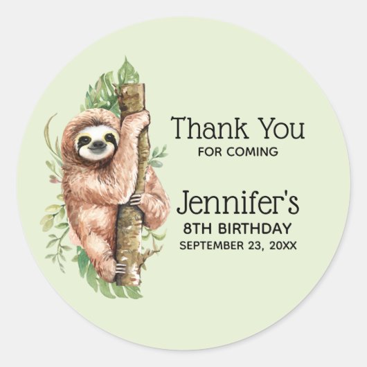 Kute Waterverf Sloth & Tropical Leaves Birthday Ronde Sticker (Voorkant)
