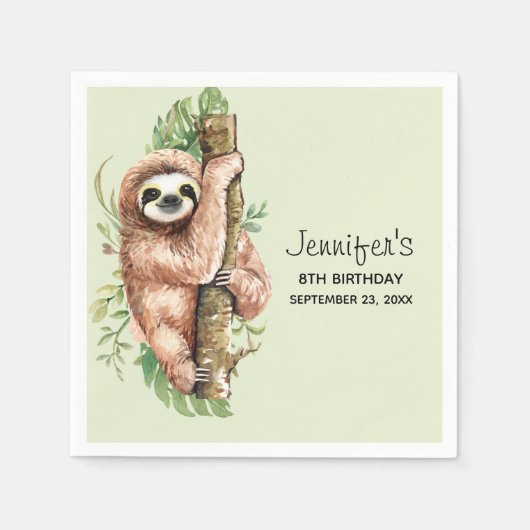 Kute Waterverf Sloth & Tropical Leaves Birthday Servet (Voorkant)