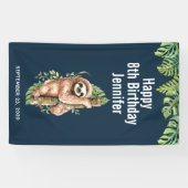 Kute Waterverf Sloth & Tropical Leaves Birthday Spandoek (Horizontaal)