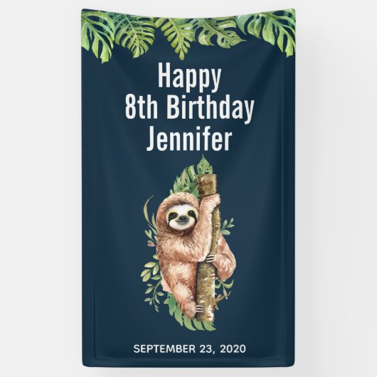 Kute Waterverf Sloth & Tropical Leaves Birthday Spandoek (Verticaal)