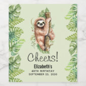 Kute Waterverf Sloth & Tropical Leaves Birthday Wijn Etiket (Enkel label)