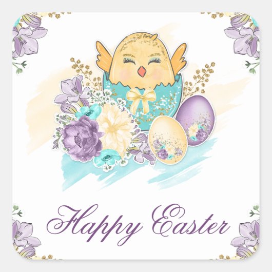 Kute Waterverf Spring Floral Chick in Egg Easter Vierkante Sticker (Voorkant)