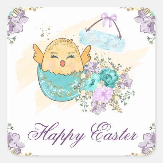 Kute Waterverf Spring Floral Chick in Egg Easter Vierkante Sticker (Voorkant)
