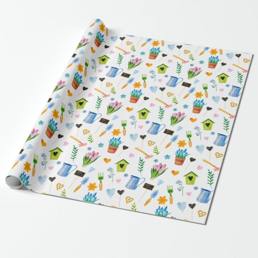 Kute Waterverf Spring Flower Pattern Happy Paast Cadeaupapier (Uitgerold)