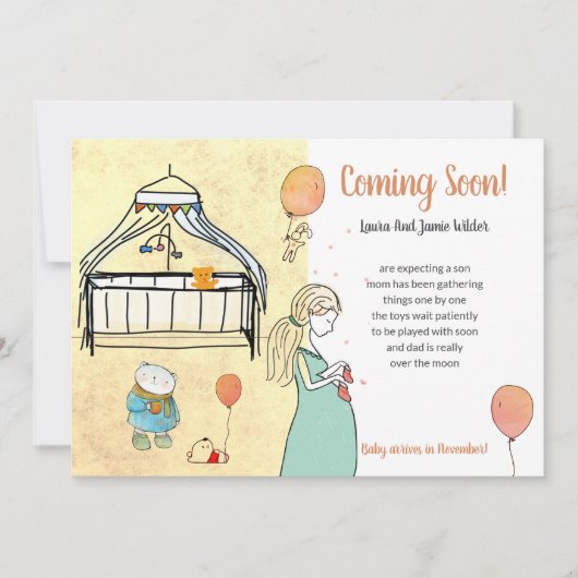 Kute Waterverf Zwangerschap Baby Boy Aankondiging (Voorkant)