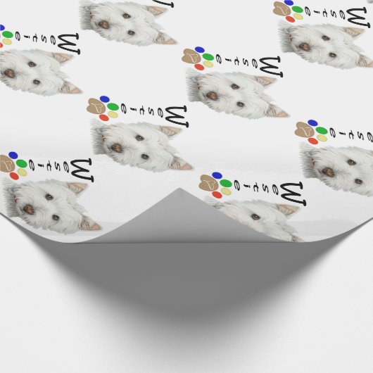 Kute Westie Dog en Paw Print Art Wrapping Paper Cadeaupapier (Hoek)