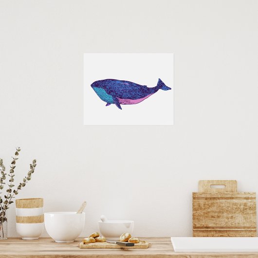 Kute Whale Art Tekening in Ocean Blue Poster (Keuken)