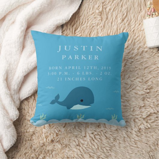 Kute Whale Birth Announement Stats Nursery Pillow Kussen (Deken)