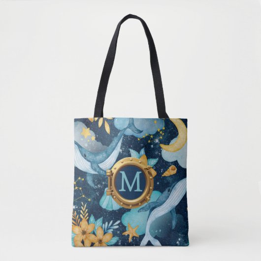 Kute Whale Nautical Ship Porthole Monogram Tote Bag (Voorkant)