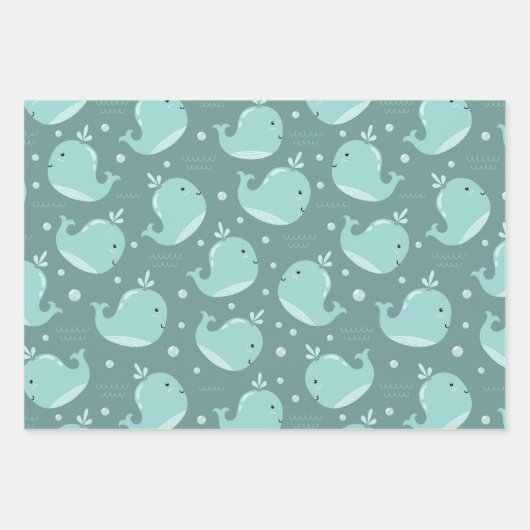 Kute Whale Patroon op Blauwgroen Blauwe Kinderen v Inpakpapier Vel (Voorkant 3)