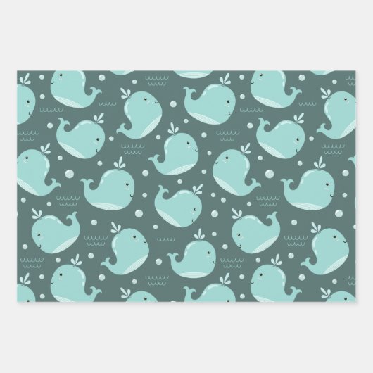 Kute Whale Patroon op Blauwgroen Blauwe Kinderen v Inpakpapier Vel (Voorkant)
