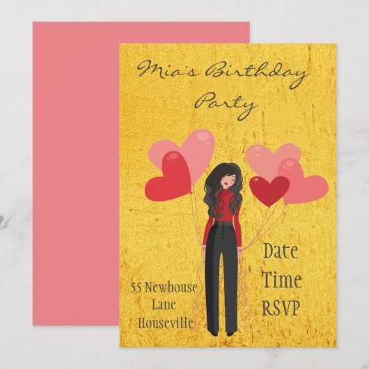 Kute whimsical ballon tween of teen girl Party Kaart (Voorkant / Achterkant)