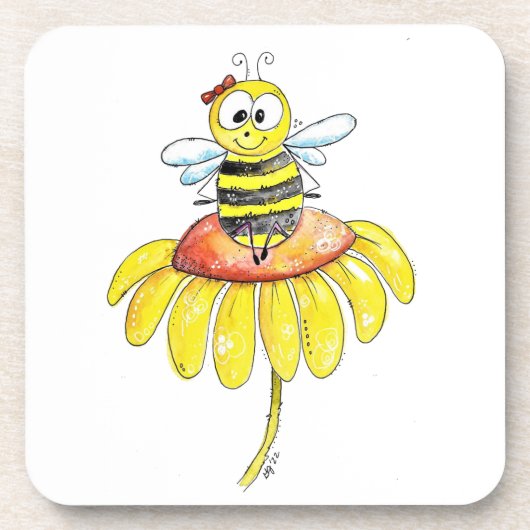 Kute Whimsical Bee op een Bloem Bier Onderzetter (Voorkant)
