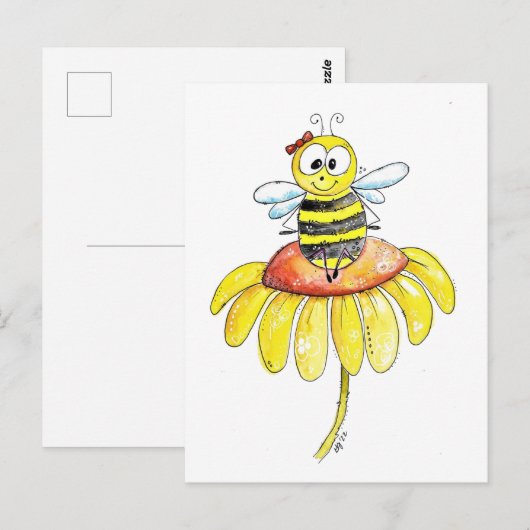 Kute Whimsical Bee op een Bloem Briefkaart (Voorkant / Achterkant)