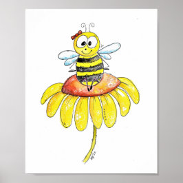 Kute Whimsical Bee op een Bloem Poster
