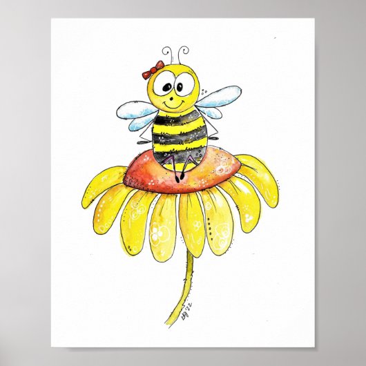 Kute Whimsical Bee op een Bloem Poster (Voorkant)
