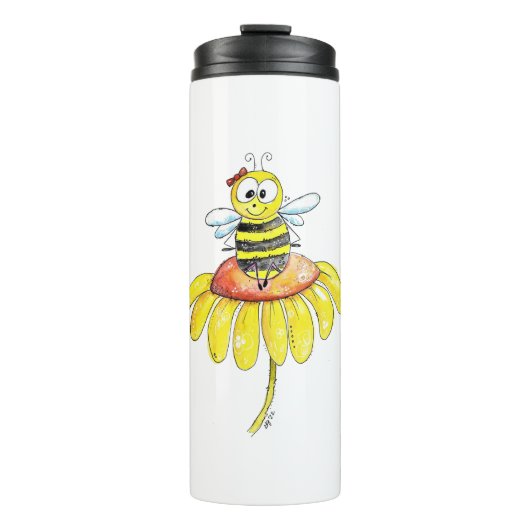 Kute Whimsical Bee op een Bloem Thermosbeker (Voorkant)