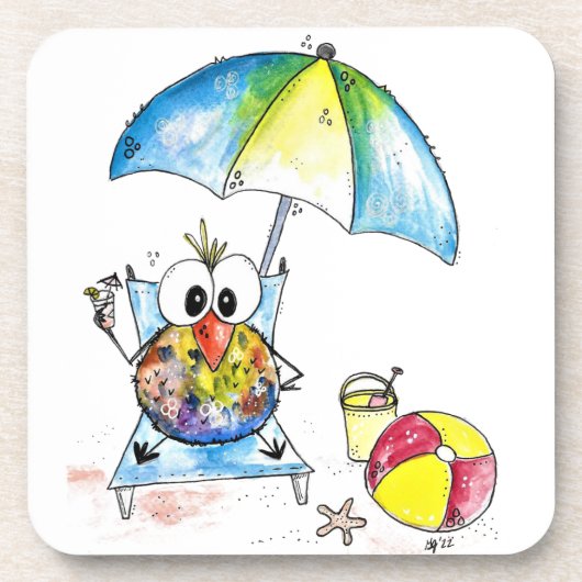 Kute Whimsical Bird op Beach Bier Onderzetter (Voorkant)