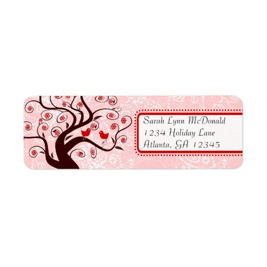 Kute Whimsical Birds in Swirl Tree Red Pink Stippe Etiket (Voorkant)