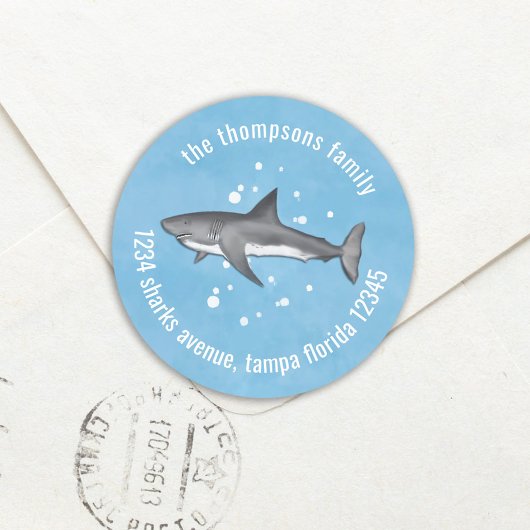 Kute Whimsical Blue Ocean Sharks Return Address Ronde Sticker