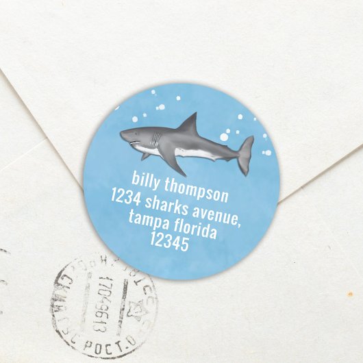 Kute Whimsical Blue Ocean Sharks Return Address Ronde Sticker