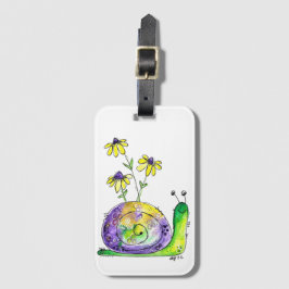 Kute Whimsical Happy Snail met gele bloemen Bagagelabel