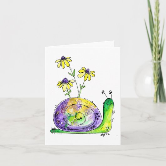 Kute Whimsical Happy Snail met gele bloemen Kaart (Voorkant)