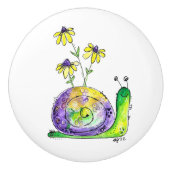 Kute Whimsical Happy Snail met gele bloemen Keramische Knop (Voorkant)