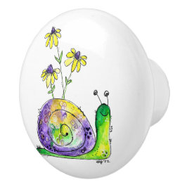 Kute Whimsical Happy Snail met gele bloemen Keramische Knop