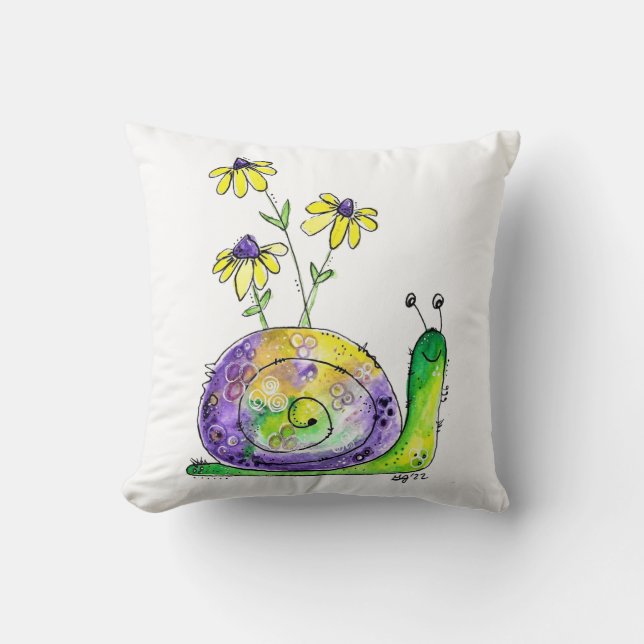Kute Whimsical Happy Snail met gele bloemen Kussen (Voorkant)