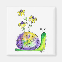 Kute Whimsical Happy Snail met gele bloemen Magneet
