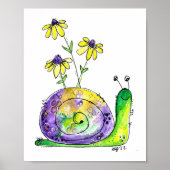 Kute Whimsical Happy Snail met gele bloemen Poster (Voorkant)