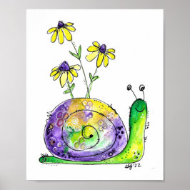 Kute Whimsical Happy Snail met gele bloemen Poster